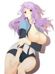  1girl anew_returner bad_id big_breasts breast_rest breasts buruma cute gundam gundam_00 hair huge_breasts innovator large_breasts lips long_hair nanao nanao_(mahaya) nipples open_clothes open_shirt purple_hair red_eyes shirt solo 