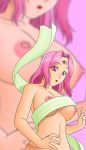  1girl big_breasts blowup_background breasts haru_(hall) magical_drop monster_girl naked_ribbon nipples nude open_mouth pink_eyes pink_hair ribbon short_hair smile solo surprise surprised third_eye wardrobe_malfunction world world_(magical_drop) zoom_layer 