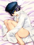 1girl androgynous atlus barefoot blue_hair bottomless cabbie_hat dress_shirt feet hat leg_hug md5_mismatch megami_tensei midou_shin naked_shirt no_panties open_clothes open_shirt persona persona_4 shadow_(persona) shirogane_naoto shirt short_hair smile solo yellow_eyes