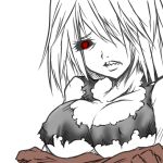 1girl bra breasts claws face glowing glowing_eyes grey_hair jin_(artist) jin_(mugenjin) left_4_dead lingerie red_eyes sad sharp_teeth solo teeth the_witch torn_clothes underwear white_hair witch_(left4dead) zombie