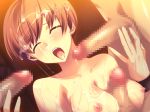  1girl atlus between_breasts blush breasts brown_hair bukkake censored chie_satonaka closed_eyes cum cum_in_mouth cum_on_body cum_on_breasts cum_on_hair cum_on_tongue cum_on_upper_body dutch_angle facial gangbang group_sex hair multiple_penises nipples open_mouth paizuri penis persona persona_4 rape satonaka_chie short_hair skyscraper_(artist) solo_focus tomboy tongue wristband 