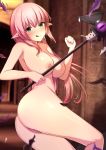  1girl 1girl 1girl ass bangs blurry blurry_background breasts cleavage elf eyebrows_visible_through_hair feet_out_of_frame fou_zi green_eyes hair_between_eyes high_resolution huge_breasts long_hair nude original pink_hair pointed_ears sidelocks smile tongue tongue_out uncensored wand wooden_wall 