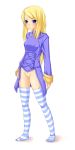 1girl agrias_oaks blonde_hair blue_eyes bottomless buresu feet final_fantasy final_fantasy_tactics full_body pussy solo striped striped_legwear striped_thighhighs thighhighs uncensored