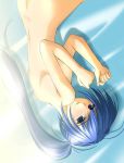  1girl blue_eyes blue_hair covering covering_breasts eyebrows hayase_mitsuki kimi_ga_nozomu_eien long_hair lying mitsuki_hayase nude on_side ponytail solo takepon upside-down 