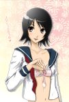  1girl aftersex bad_id black_hair blush bra brown_eyes condom hito_nami hitou_nami lingerie nami_hitou navel no_pants open_clothes open_shirt pink_bra sakebuotoko sayonara_zetsubou_sensei school_uniform shirt short_hair solo translated underwear used_condom 