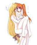 2girls barefoot blonde_hair bow breasts brown_hair fate_testarossa feet hachi_(hachikai) hug hugging long_hair low-tied_long_hair lyrical_nanoha mahou_shoujo_lyrical_nanoha mahou_shoujo_lyrical_nanoha_strikers multiple_girls nanoha_takamachi nude ponytail red_eyes sketch takamachi_nanoha yuri