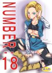  1girl android_18 areola_slip areolae blonde_hair blue_eyes blush bottomless breasts copyright_name cover cover_page cum cum_covered cum_on_body cum_on_breasts cum_on_hair cum_on_lower_body cum_on_upper_body doujinshi doujinshi_cover dragon_ball dragon_ball_z earrings facial highres jean_jacket jewelry kurione-sha_(yu-ri) looking_at_viewer nipple_slip nipples no_bra number:18_(yu_ri) short_hair sitting solo translation_request yu-ri_(kurione-sha) 