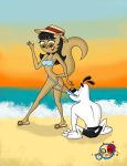  anthro aqua_eyes ass ass_crack beach bikini bikini_pull black_hair blush cat cleavage coppertone dog dudley_puppy embarrassing feline funny furry green_eyes hat kitty_katswell long_hair looking_back looking_down ocean smile surprise swimsuit t.u.f.f._puppy water 