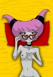 armpits dc dc_comics edit glasses grey_skin haich hand_on_breast heart-shaped_glasses jinx medium_breasts navel nude risenhentaidemon teen_titans violet_eyes violet_hair