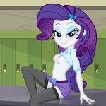 1_girl 1girl biting_lip black_panties black_stockings blue_eyes blush breasts equestria_girls exposed_breasts female female_only friendship_is_magic indoors locker_room lockers long_hair long_purple_hair looking_at_viewer my_little_pony no_bra panties partially_clothed purple_hair purple_skirt rarity rarity_(mlp) sitting skirt solo spectre_z stockings upskirt