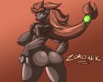 1girl anthro ass big_breasts breasts claws cute furry hair jaeh long_hair pokemon red_hair sideboob zoroark