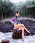  1girl artist_name ashei bangs bare_legs black_hair blunt_bangs bottomless breasts brown_eyes floating_object fog forest gem hair_ornament highres hybridmink legs legs_crossed long_hair looking_at_viewer nature nintendo no_pants pond ribbed_sweater rock rupee short_hair sitting snow snowing solo sweater the_legend_of_zelda the_legend_of_zelda:_twilight_princess thighs tree tree_stump tsurime turtleneck twilight_princess twintails 