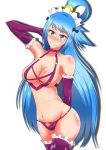 1girl alternate_costume aqua_(konosuba) blue_hair blush cosplay impossible_clothes kono_subarashii_sekai_ni_shukufuku_wo! lingerie panties revealing_clothes short_hair succubus_(konosuba) underwear