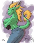  big_breasts black_sclera blonde_hair breasts chinese_dragon cute dragon female furry green hair horns kadath long_ears long_hair looking_at_viewer nipples pants red_eyes scalie sideboob tail whiskers 