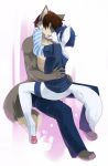 ass biceps black_claws blue_hair brown_hair canine claws closed_eyes clothed clothing couple cute furry gay grey_fur hair half-dressed hockeywolf hug kissing kubikitsune male muscles pawpads romantic topless trap white_fur wolf yaoi