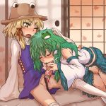 2girls blonde_hair blush cock_ring detached_sleeves eyebrows fellatio fingering futa_with_female futanari futanari_with_female green_hair hair_ornament hand_on_another's_head hand_on_head incest kochiya_sanae long_hair masturbation moriya_suwako multiple_girls no_panties no_testicles open_mouth oral penis pussy short_hair suzurino touhou wince