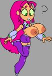 green_eyes huge_breasts nipple_piercing pink_hair starfire teen_titans teen_titans_go thesupervillainspjs wardrobe_malfunction