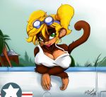  anthro big_breasts blonde_hair breasts cleavage ear_piercing female green_eyes hair looking_at_viewer monkey monkey_girl neokat outside piercing smile 