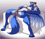 avian beak bikini blue_feathers breasts female fingering gryphon gun hippogryph hooves huge_breasts looking_at_viewer lying masturbation on_back original original_character presenting pussy ranged_weapon skimpy solo spread_legs spreading ticklishways weapon wings zack_dragon zackdragon_(artist) zp92