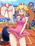  1_girl 1girl ass bare_arms big_ass blonde blonde_hair blue_eyes blush crown dress dress_lift embarrassed female long_blonde_hair long_hair mario_tennis minidress panties princess_peach public revealing_clothes sleeveless sleeveless_dress standing super_mario_bros. tennis_court tennis_dress tennis_outfit underwear white_panties 