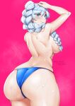 1_girl 1girl 2021 ass blue_eyes blue_panties braid braided_hair female female_only long_hair looking_at_viewer lulu-chan92 mostly_nude nipples no_bra nude panties rwby silver_hair solo standing tagme topless weiss_schnee