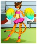 barefoot blush brown_hair crossdressing cute danboyya2000 feline furry girly green_eyes hair looking_at_viewer male mammal pom_poms saba solo tiger trap