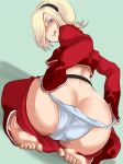  1boy ash_crimson ass barefoot blonde_hair blue_eyes butt_crack cheerio cropped_jacket freckles from_behind hair_over_one_eye hairband huge_ass king_of_fighters licking_lips male male_focus male_only naughty_face panties pants pants_pull panty_pull pulled_by_self red_pants seiza sitting soles solo the_king_of_fighters tongue tongue_out trap underwear undressing white_panties 