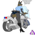 1_female 1girl 2012 angry anthro anthro_canine anthro_dog ass baton belt big_breasts boots breasts butt canine dialog dialogue doberman dog english_text female female_anthro female_only fur gun handcuffs huge_breasts looking_back motorcycle original original_character pistol police ranged_weapon sideboob solo standing text ticklishways weapon zack_dragon zackdragon_(artist) zp92