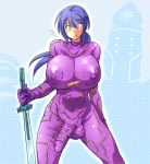 1girl blue_hair bodysuit breasts bulge erect_nipples erection full-package_futanari futanari hataraki_ari huge_breasts long_hair nipples penis puffy_nipples see-through sword testicle testicles weapon