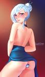 1girl anal_plug ass blue_eyes dress dress_lift earrings female female_human female_only hair_bun human no_panties partially_clothed rwby silver_hair solo standing sunsetniva winter_schnee