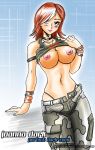  areola areolae armband big_breasts blush breasts camo camouflage cargo_pants choker hair_over_one_eye joanna_dark john_joseco large_breasts lipstick makeup microsoft navel nipples panties pants perfect_dark rareware red_hair shirt_lift tank_top thong underwear western wristband 