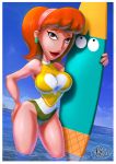 1girl female_only fernando_faria_(artist) linda_flynn-fletcher looking_at_viewer phineas_and_ferb solo_female surfboard swimsuit tagme