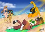 1girl anthro beach big_breasts big_breasts big_breasts big_breasts bikini dinosaur elf food girls human ice_cream mammal marine monkey monster_girl reptile sexy shortstack size_difference sun_bathing sunny swimsuits towel