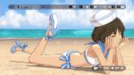 1boy akizuki_ryou animated animated_gif beach bikini brown_eyes brown_hair butt_crack chin_rest closed_eyes crossdressing gay gif girly hair hat headgear high_heels idolmaster looking_at_viewer male_focus ocean on_stomach sailor short_hair smile snapshot solo swimsuit trap uniform