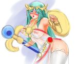 1girl aqua_eyes aqua_hair big_breasts blush breasts chenge-getter closed_eyes crown curvy female green_eyes green_hair hair_ornament huge_breasts kid_icarus long_hair mound_of_venus navel nipples no_bra no_panties open_mouth palutena see-through shield solo staff suezou_(artist) thighhighs thighs weapon white_legwear white_thighhighs