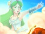 absurdres big_breasts bow breasts brown_hair chenge-getter crown gold green_eyes green_hair highres jewelry kid_icarus long_hair lowres nintendo off_shoulder official_art palutena pit_(kid_icarus) shield short_hair thighhighs tiara very_long_hair