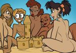 1boy 4girls ass beach big big_ass big_breasts breasts dark_skin glasses grin harem hyper_breasts jonfreeman male male/female milf multiple_girls nerd nude original original_character sand_castle smile suggestive