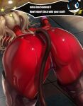 1girl 1girl akira_kurusu ann_takamaki ass big_ass blonde_hair bodysuit dat_ass english_text female_only gloves high_res high_resolution knocked_out latex limgae morgana_(persona) panther_(saber_j) persona persona_5 shiny shiny_suit straight tail text theif_suit(p5) top-down_bottom-up twin_tails zipper