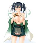  1girl 1girl 1girl bare_shoulders big_breasts black_hair blush breasts flight_deck green_eyes hands_on_own_chest headband high_resolution kaminagi_(kaminagi-tei) kantai_collection looking_at_viewer nipples potential_duplicate short_hair short_twintails skirt souryuu_(kantai_collection) tied_hair twin_tails wafuku 