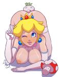 1girl areola ass big_breasts blonde_hair blue_eyes blush breasts crown erect_nipples gloves looking_at_viewer mushroom nipples nude princess_peach simple_background stockings super_mario_bros. tan_line thedirtymonkey top-down_bottom-up v white_background wink