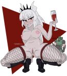 1girl alcohol background crossover cup doom doom_slayer_(doom) drink drunk fishnet_legwear fishnets helltaker helltaker_(character) junior_art leather_boots lucifer_(helltaker) mole mole_under_eye nipples pale_skin presenting presenting_vagina red_background red_eyes squatting white_hair wine wine_glass