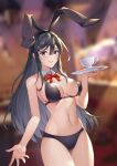  1girl absurd_res animal_ears bare_arms bare_shoulders belly belly_button big_breasts bikini black_bikini black_hair blue_eyes blurry blurry_background blush blush_lines blushing_at_viewer bow bowtie breasts bunny_ears cleavage cowboy_shot cup depth_of_field detached_collar fake_animal_ears female_focus female_only groin hair_ornament hairclip hand_up high_res high_resolution light-skinned_female light_skin long_hair looking_at_viewer navel parted_lips rabbit_ears sakurajima_mai seishun_buta_yarou_wa_bunny_girl_senpai_no_yume_wo_minai shiny shiny_clothes shiny_hair shiny_skin solo_female solo_focus standing stomach swimsuit teacup teeth thighs tray yin_lan_xue 