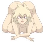  1girl all_fours alternate_breast_size ass big_ass big_breasts blonde_hair cleavage covered_nipples eye_contact eyelashes female_only half-closed_eyes huge_breasts light-skinned_female light_skin looking_at_viewer milf mitsuki_bakugou my_hero_academia nude open_mouth pose red_eyes smile solo_female source_request thick_thighs toshiso_(artist) white_background wide_hips 