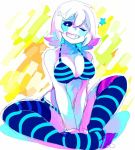 1girl 2d 2d_(artwork) artist_request big_breasts digital_media_(artwork) female female_only female_sans genderswap genderswap_(mtf) hair_ornament humanoid one_eye_closed rule_63 sans sans_(undertale) sitting skeleton smile solo solo_female striped_bra striped_legwear striped_panties striped_stockings striped_thighhighs striped_underwear undertale undertale_(series) video_games white_hair wink