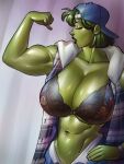  backwards_baseball_cap baseball_cap big_breasts bra closed_eyes green_hair green_skin huge_breasts hulk_(series) marvel marvel_comics milf muscular_female open_shirt ph sexy she-hulk 