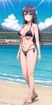  1girl 1girl 1girl alluring beach big_breasts bikini black_hair blue_eyes feet female_only high_res legs long_hair looking_at_viewer navel ocean sakurajima_mai seishun_buta_yarou_wa_bunny_girl_senpai_no_yume_wo_minai thighs thong_bikini voluptuous water zengai 