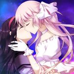 2girls akemi_homura ayumi_(xiwu) bad_id black_hair blush bust closed_eyes couple french_kiss gloves goddess_madoka hair hair_ribbon kaname_madoka kiss kissing ko_ru_ri long_hair mahou_shoujo_madoka_magica multiple_girls mutual_yuri payot pink_hair profile ribbon spoilers two_side_up ultimate_madoka upper_body white_gloves yuri