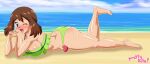 1girl alluring beach bikini blue_eyes brown_hair dat_ass green_bikini green_swimsuit may may_(pokemon) on_sand pk-studios pokemon pokemon_(anime) posing swimsuit