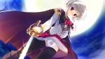 blush bow_panties cape dog_print embarrassing full_moon funny panties printed_panties red_eyes school_uniform short_hair skirt skirt_lift solo sword weapon white_hair white_panties