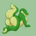 alligator anus ass bbw bubble_butt chubby female green_eyes looking_back reptile scalie shiny shiny_skin smile solo wide_hips